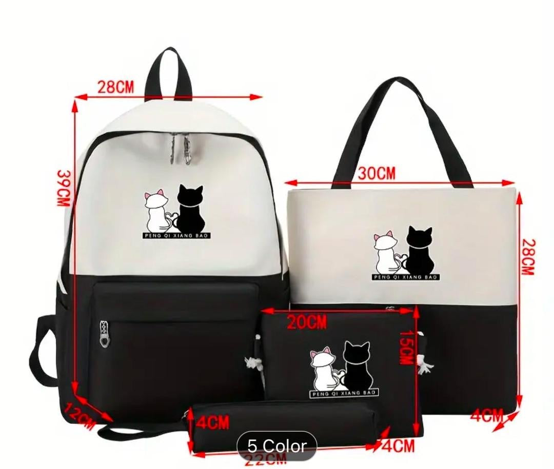 Cute Cat Print 4-in-1 School Bag Set for Girls – Backpack, Handbag, Crossbody Pouch, Pencil Case & Lunch Bag Stylish Combo black