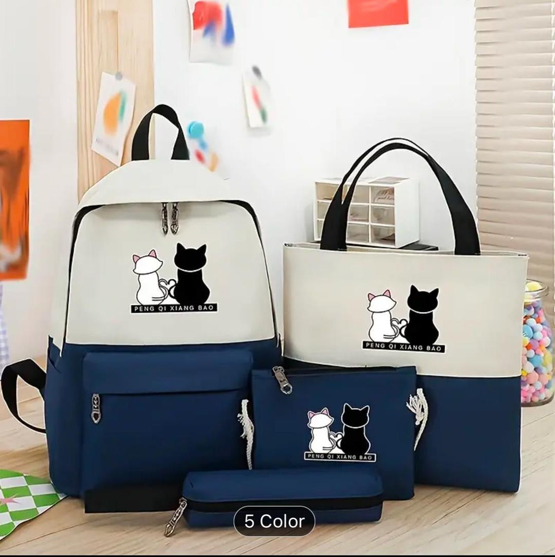 Cute Cat Print 4-in-1 School Bag Set for Girls – Backpack, Handbag, Crossbody Pouch, Pencil Case & Lunch Bag Stylish Combo black