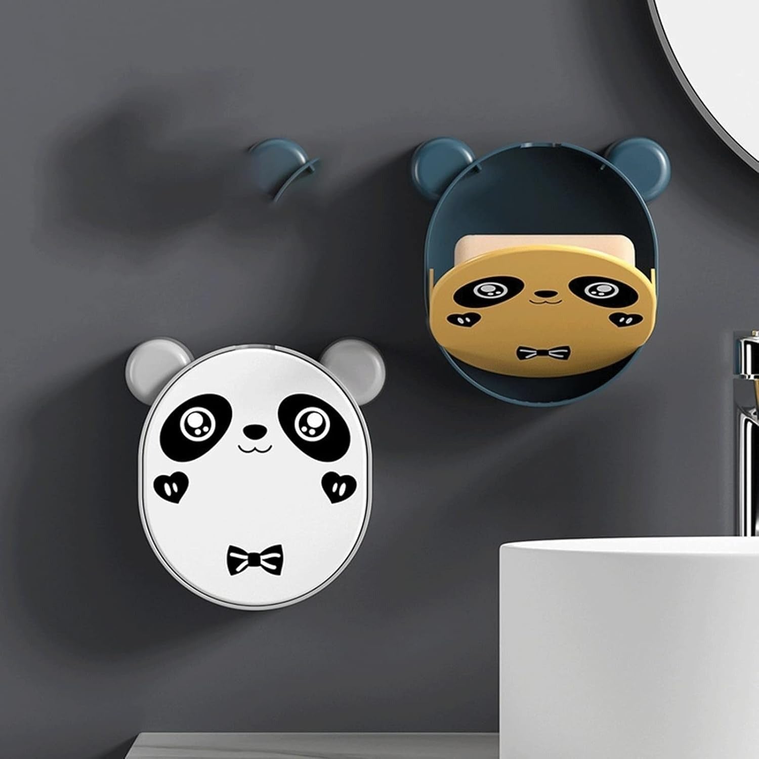 Wall Mounted Cute Panda Soap Dish Holder – Punch-Free Plastic Soap Box Rack for Bathroom & Kitchen Storage (Random color)